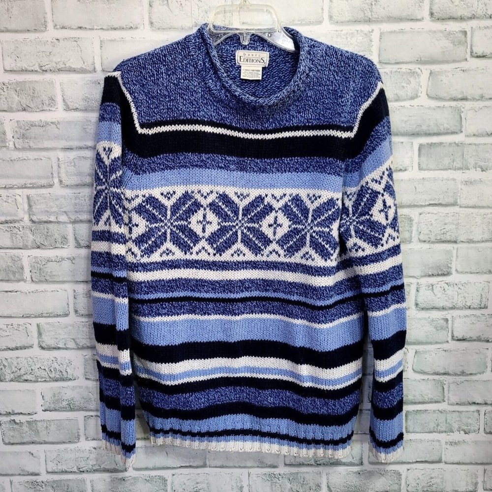 Vintage 90s Y2K Basic Editions Size L Blue Snowflake Chunky Knit Sweater Holiday